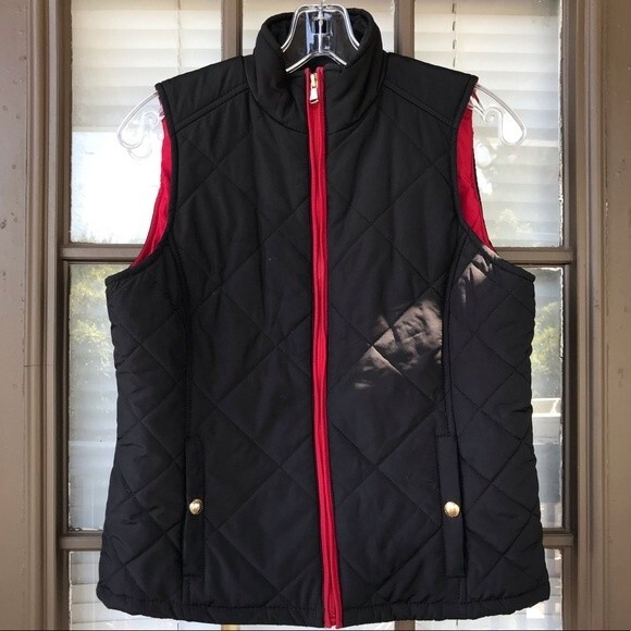 Lauren Ralph Lauren Black and Red Puffer Vest Gold Metal Accents Petite Medium - Picture 1 of 5